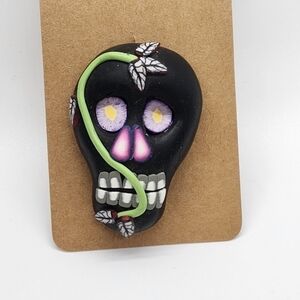 Sugar Skull Day of the Dead polymer clay brooch pin handmade artist signed
